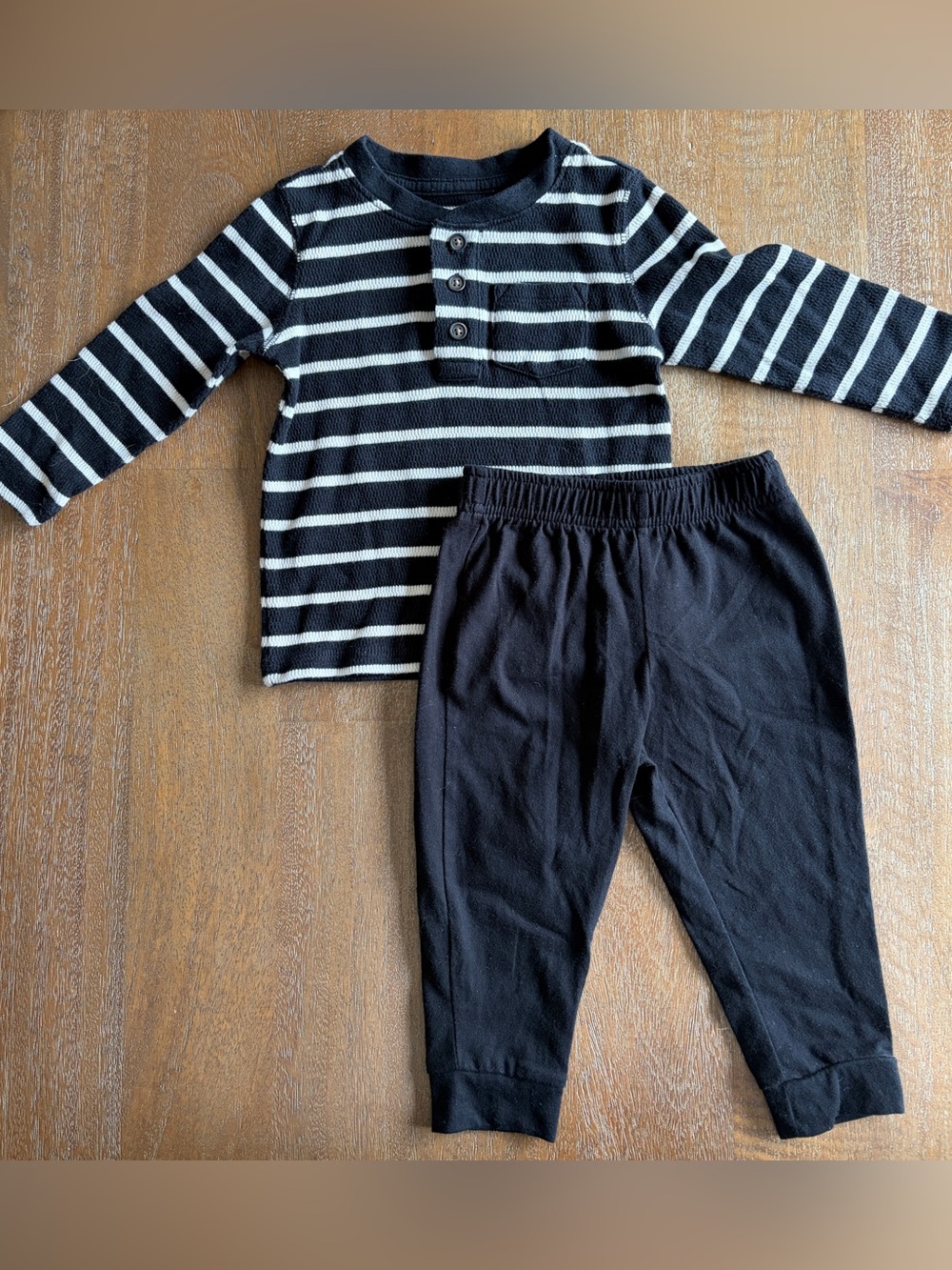 Cat & Jack Black and White Striped Long-Sleeve Top with Black Pants